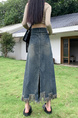 Real Shot Plus Size Women's Clothing Autumn Fashionable Tassel High Waist A-Line Split Retro Blue Denim Skirt