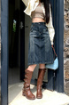 Real Shot Plus Size Women's American Worn Looking Washed-Out Dark Blue Denim Skirt Women's High Street Loose Wide Leg Design Mid Skirt