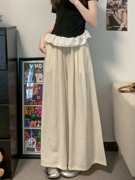 Real Shot Cost-Effective Cotton and Linen Temperament Dopamine Wide-Leg Pants for Women Summer Slimming Loose Big Hem Pleated Pantskirt in Cream