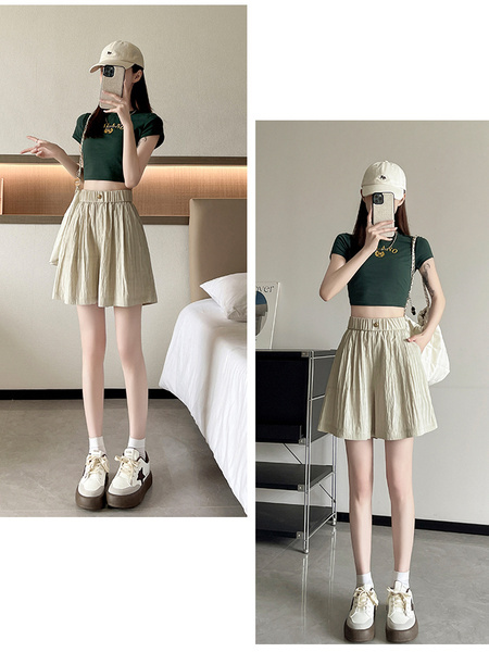 Real Shot Textured Ice Silk Cotton and Linen Shorts for Women 2025 Summer Thin Slim High Waist Casual Loose Shorts in Beige
