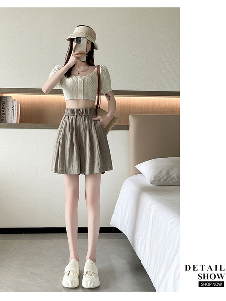 Real Shot Textured Ice Silk Cotton and Linen Shorts for Women 2025 Summer Thin Slim High Waist Casual Loose Shorts in Light Brown