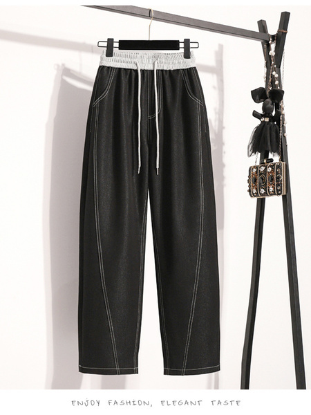 Summer Lyocell Tencel Thin Denim Wide-Leg Pants for Women 2025 Sports Cool Drape Straight Pants Banana Pants in BLACK