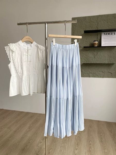 Summer New Fashion Drape Big Swing Pleated Skirt in Light Blue - High Waist Slim All-Match A-Line Design for Women
