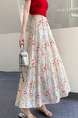 Real Shot of the New 2025 Summer French Tea Break High Waist Elastic Floral Slim Drape A-Line Maxi Skirt in White with Colorful Floral Print