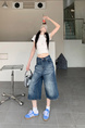 American High Street Hip Hop Fashion Brand Loose Cropped Jeans - Women's Retro Washed Dark Blue All-Matching Straight Wide Leg Pirate Shorts