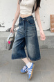 American High Street Hip Hop Fashion Brand Loose Cropped Jeans - Women's Retro Washed Dark Blue All-Matching Straight Wide Leg Pirate Shorts