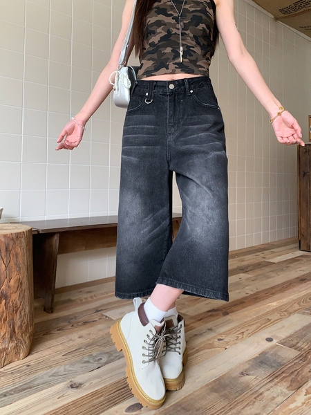 American High Street Hip Hop Fashion Brand Loose Cropped Jeans - Women's Retro Washed Black All-Matching Straight Wide Leg Pirate Shorts