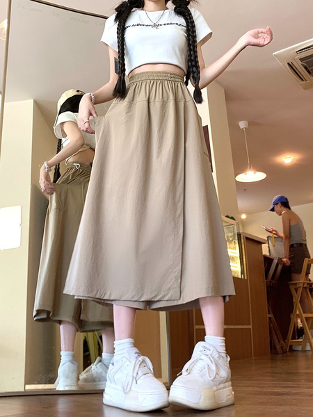 Real Shot Yamamoto Wrinkle Workwear Culottes - Women's Summer Pantskirt Small Pants 2025 Japanese Wide Leg Pants Casual Pants in BEIGE