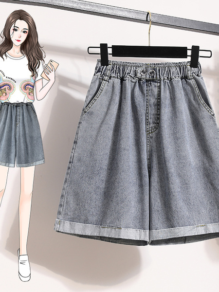 Real Shot of Large Size Loose Shorts - Slim Fit High Waist Jeans, Wide Leg Pants, Washed Hem Jeans in LIGHT WASH DENIM