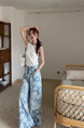 cm European Goods Vintage Rose Printed Wide Leg Jeans in LIGHT BLUE - 25 Summer Thin High Waist Drawstring Loose Straight Mopping Pants