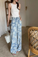 cm European Goods Vintage Rose Printed Wide Leg Jeans in LIGHT BLUE - 25 Summer Thin High Waist Drawstring Loose Straight Mopping Pants