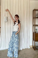 cm European Goods Vintage Rose Printed Wide Leg Jeans in LIGHT BLUE - 25 Summer Thin High Waist Drawstring Loose Straight Mopping Pants