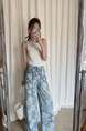cm European Goods Vintage Rose Printed Wide Leg Jeans in LIGHT BLUE - 25 Summer Thin High Waist Drawstring Loose Straight Mopping Pants