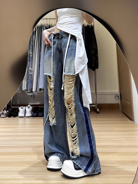 Retro Washed Loose Hole Jeans for Women in LIGHT BLUE - 2025 Summer Thin Design Sense Straight Wide Leg Mop Trousers Tide