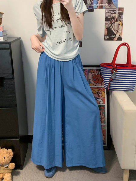 Real Shot Cost-Effective Cotton and Linen Temperament Dopamine Wide-Leg Pants for Women in LIGHT BLUE - Summer Slimming Loose Big Hem Pleated Pantskirt