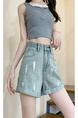 Starry Hot Diamond Denim Shorts for Women in LIGHT BLUE - 2025 Summer High Waist Slim Design Oil Paint Curling Wide Leg Hot Pants