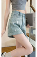 Starry Hot Diamond Denim Shorts for Women in LIGHT BLUE - 2025 Summer High Waist Slim Design Oil Paint Curling Wide Leg Hot Pants