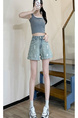 Starry Hot Diamond Denim Shorts for Women in LIGHT BLUE - 2025 Summer High Waist Slim Design Oil Paint Curling Wide Leg Hot Pants