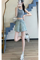 Starry Hot Diamond Denim Shorts for Women in LIGHT BLUE - 2025 Summer High Waist Slim Design Oil Paint Curling Wide Leg Hot Pants