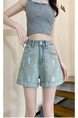 Starry Hot Diamond Denim Shorts for Women in LIGHT BLUE - 2025 Summer High Waist Slim Design Oil Paint Curling Wide Leg Hot Pants
