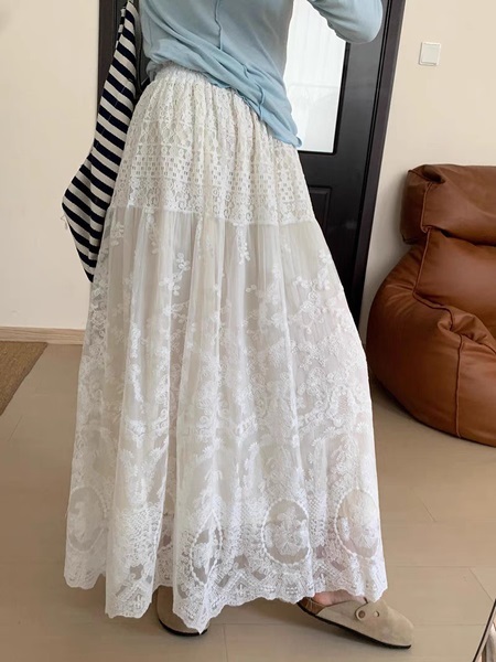 Huali New Chinese Style Lace Skirt in WHITE - 2025 Spring Women's Clothing High Waist Temperament Solid Color Waist Long Skirt