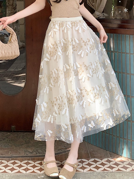 Spot Real Shot Real Price All-Match New Style CREAM Mesh Skirt Butterfly Elastic Waist Skirt for Women