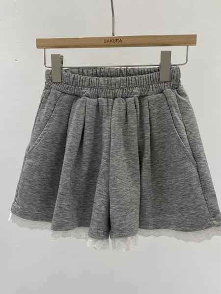 Gray Summer New Korean Ins Fashion Lace Elastic High Waist Casual Wide Leg Shorts Women's Loose Slim Hot Pants