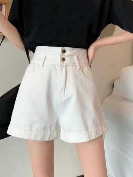 White Summer New Korean Style Ins Large-Sized Denim Shorts Women's High Waist Slimming Loose-Fitting Curl Versatile A-Line Wide Leg
