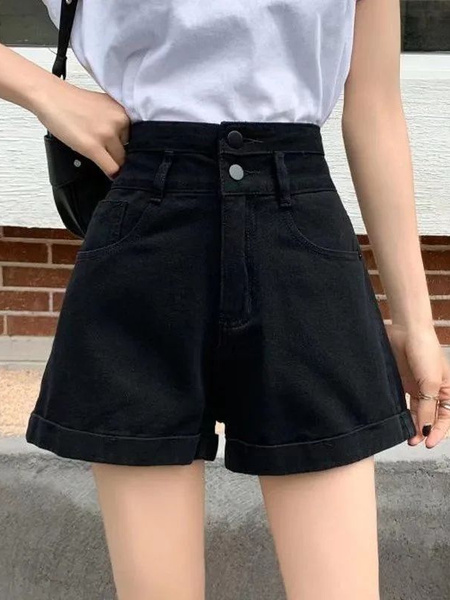 Black Summer New Korean Style Ins Large-Sized Denim Shorts Women's High Waist Slimming Loose-Fitting Curl Versatile A-Line Wide Leg