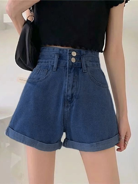 Blue Summer New Korean Style Ins Large-Sized Denim Shorts Women's High Waist Slimming Loose-Fitting Curl Versatile A-Line Wide Leg