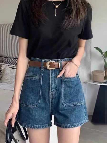 Blue High Waist Denim Shorts Women's 2025 Summer Thin Plump Girls Slim Looking Belly Covering Summer Small A-Line Wide-Leg Hot Pants