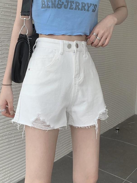 White High-Waist Design Sense Denim Shorts Women's A-Line Ripped Loose Burrs Wide Leg Slimming Small Hot Pants Fashion