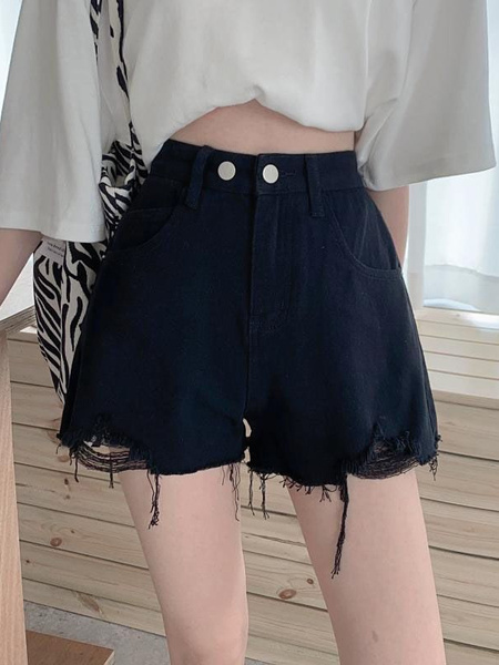 Black High-Waist Design Sense Denim Shorts Women's A-Line Ripped Loose Burrs Wide Leg Slimming Small Hot Pants Fashion