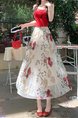 White Floral Embroidery Long Skirt for Women - Elegant Tulle Design with Red and Pink Flowers