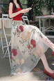 White Floral Embroidery Long Skirt for Women - Elegant Tulle Design with Red and Pink Flowers