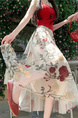 White Floral Embroidery Long Skirt for Women - Elegant Tulle Design with Red and Pink Flowers