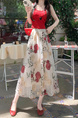 White Floral Embroidery Long Skirt for Women - Elegant Tulle Design with Red and Pink Flowers