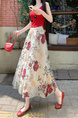 White Floral Embroidery Long Skirt for Women - Elegant Tulle Design with Red and Pink Flowers