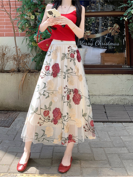 White Floral Embroidery Long Skirt for Women - Elegant Tulle Design with Red and Pink Flowers