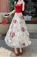 White Floral Embroidery Long Skirt for Women - Elegant Tulle Design with Red and Pink Flowers