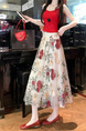 White Floral Embroidery Long Skirt for Women - Elegant Tulle Design with Red and Pink Flowers