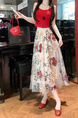 White Floral Embroidery Long Skirt for Women - Elegant Tulle Design with Red and Pink Flowers