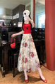 White Floral Embroidery Long Skirt for Women - Elegant Tulle Design with Red and Pink Flowers