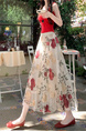 White Floral Embroidery Long Skirt for Women - Elegant Tulle Design with Red and Pink Flowers