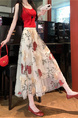 White Floral Embroidery Long Skirt for Women - Elegant Tulle Design with Red and Pink Flowers