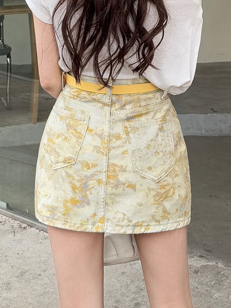 Light Yellow Floral Denim Shorts Skirt for Women - Stylish Summer Trend 2025