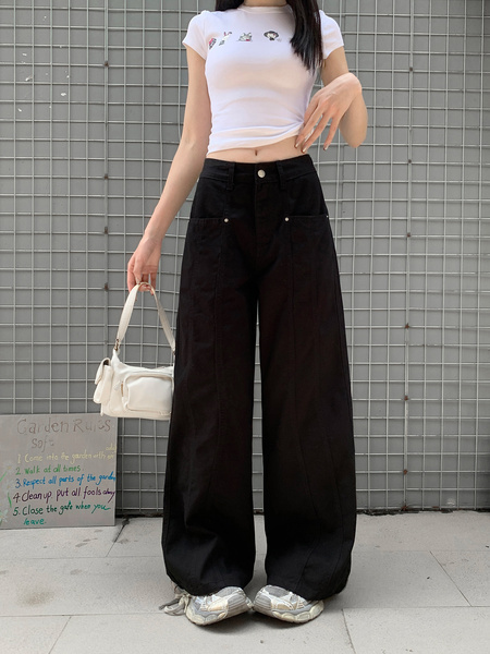 Black Wide-Leg Jeans for Women - High Waist Loose Straight Cargo Casual Pants