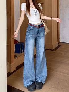 Straight Denim Trousers for Women - Retro Water Loose Narrow Version Wash Wide Leg Mop Pants