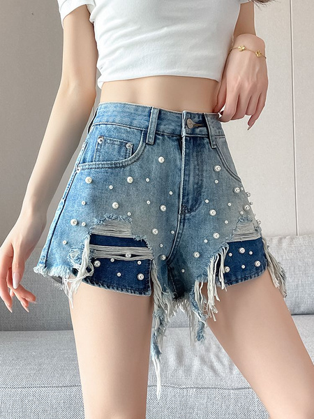New Light Blue Beaded Denim Shorts for Women - Summer Thin 2025 Style Hot Girl Trend Slim Design Loose Shorts