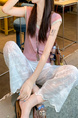 New Style White Embroidered Denim Trousers - Women's Bags Cover Design Loose Wide Leg Ankle-Length Pants